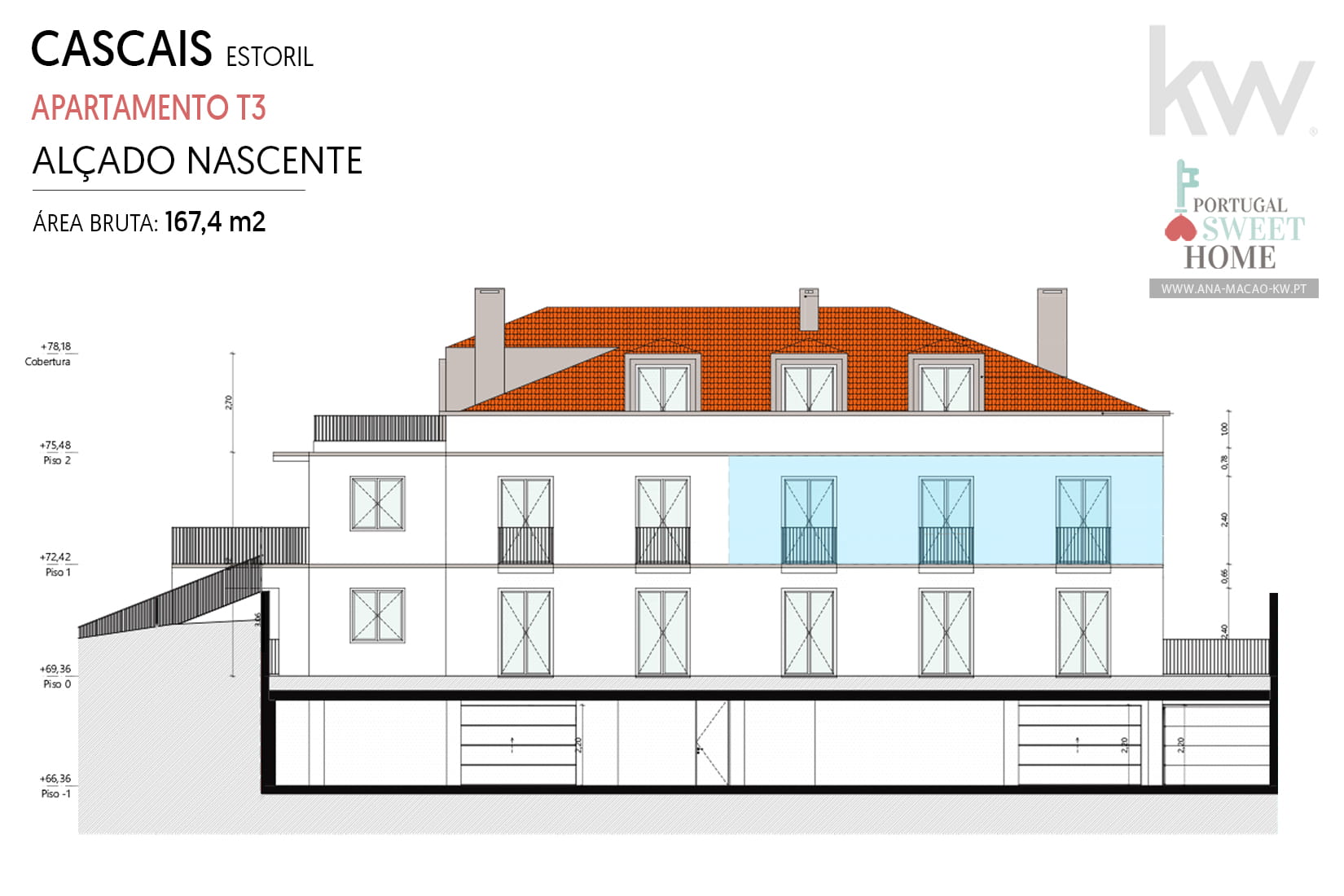 Front elevation of the condominium (apartment marked in blue)